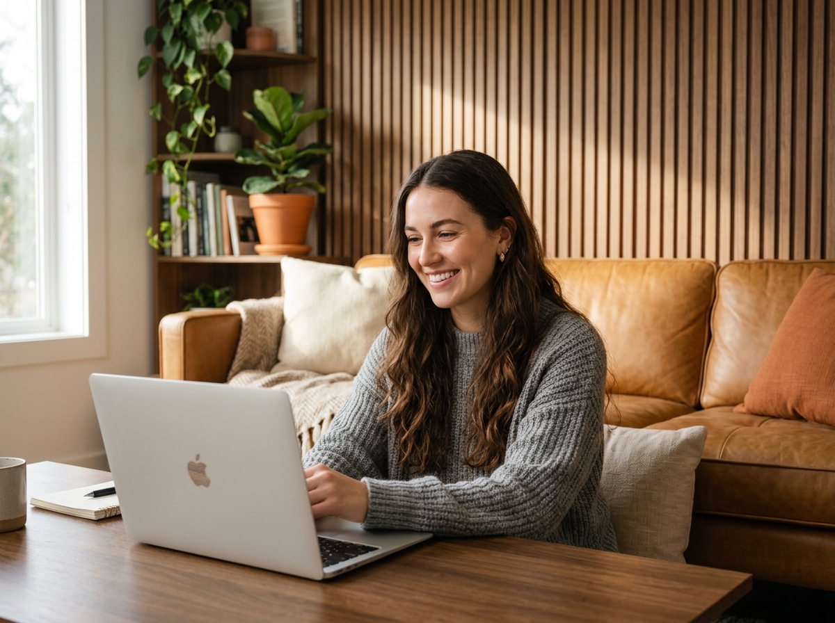 Young woman smiling while working on laptop in cozy room